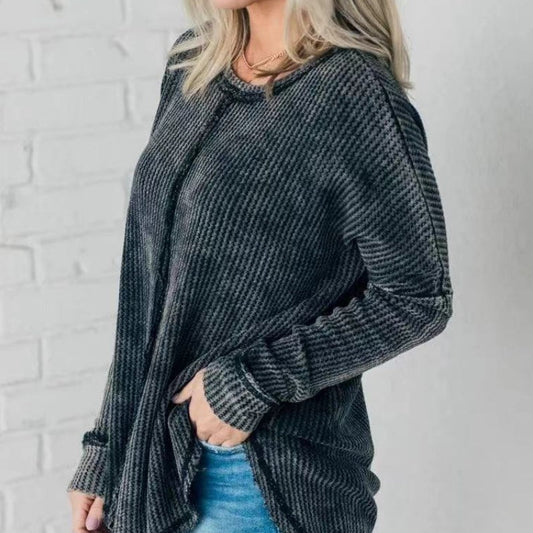 Women's Solid Color Long-Sleeve Waffle Knit Tops