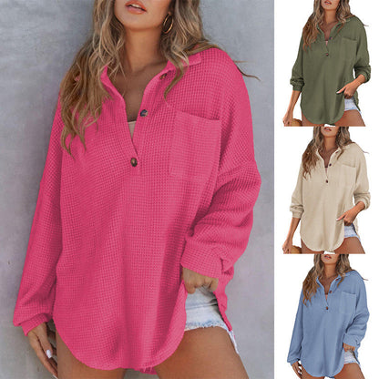 Women’s Loose Solid Color Waffle Knit Shirt