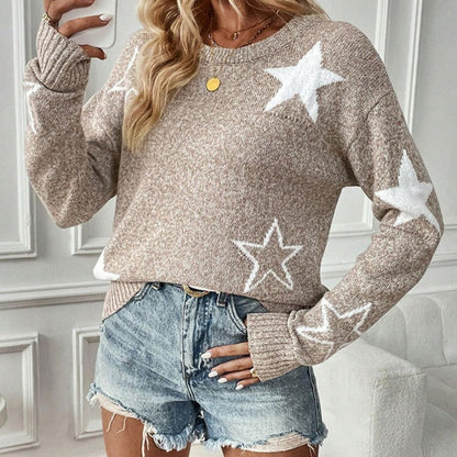 Women's Long-Sleeve Crew Neck Sweater with Star Pattern