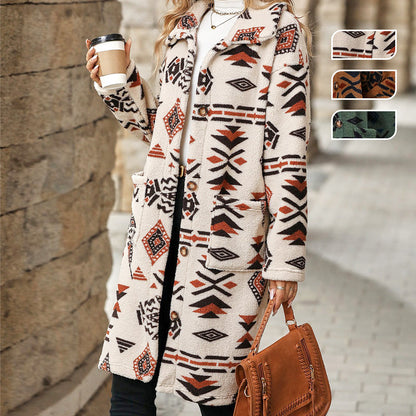 Women's Lapel Print Long-Sleeve Button Down Coat