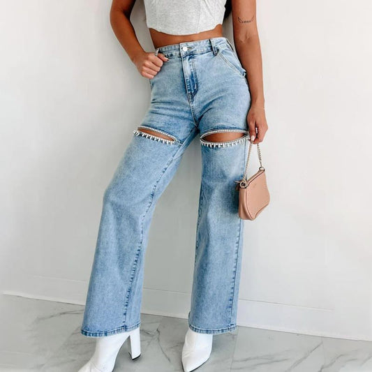 🔥Autumn new style 55% OFF🔥Women’s Rhinestone Ripped Straight-leg Jeans