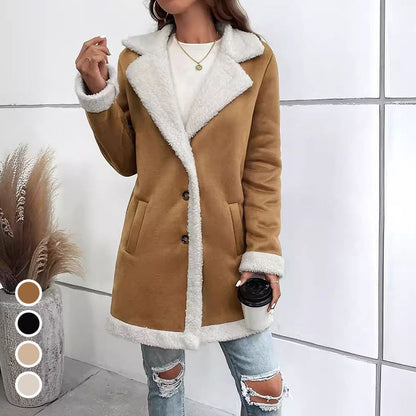 Women’s Mid-length Button-down Lapel Collar Coat with Sherpa Lining