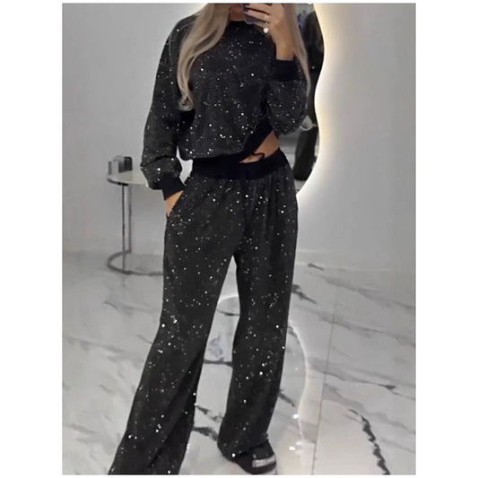 🎅Early Xmas Sales - 50% OFF🎄✨Sequined Loose Fit Top and Wide Leg Pants Two-Piece Set